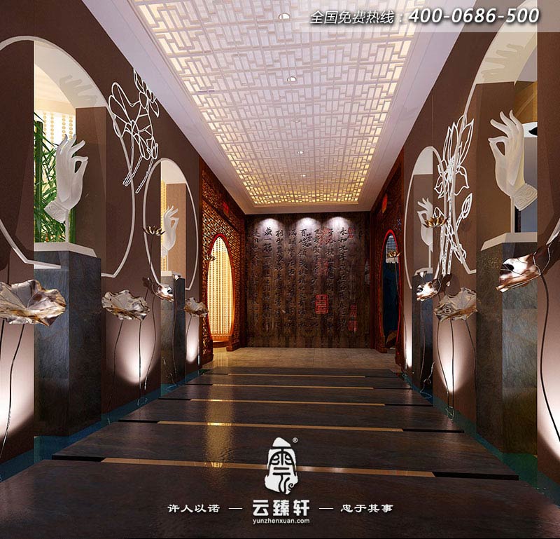 中式養(yǎng)生會(huì)館的一層過(guò)道在裝飾細(xì)節(jié)上崇尚自然