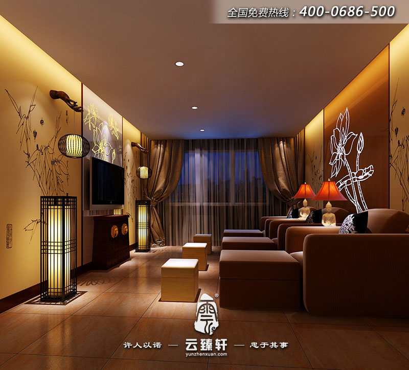 養(yǎng)生區(qū)的裝修采用中式傳統(tǒng)的對(duì)稱式布局